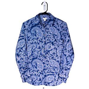 J. Crew Women's Blouse Blue White Paisley Half Button Long Sleeve Shirt Top XXS